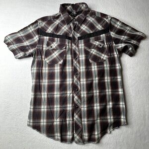 Split Mens VINTAGE Y2K Western Plaid Snap Button Down Short Sleeve Shirt